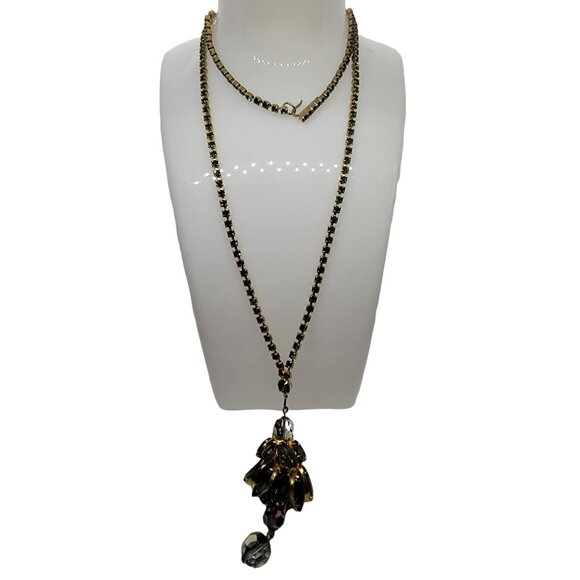 Gold Tone Green Rhinestone Chain Necklace With Rhinestone Pendant – 24” Long - Picture 1 of 6